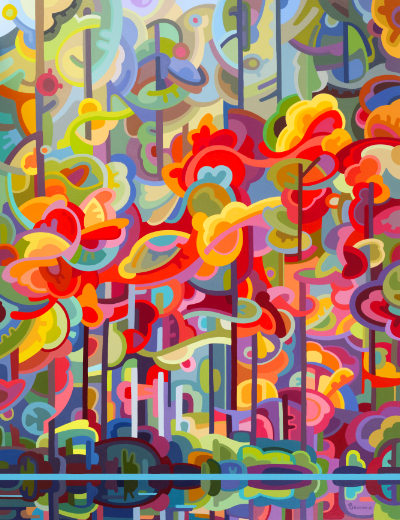 original abstract landscape painting of a colourful autmn forest shore