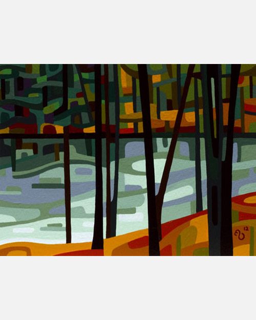 original abstract landscape study of a fall stream orange grey forest