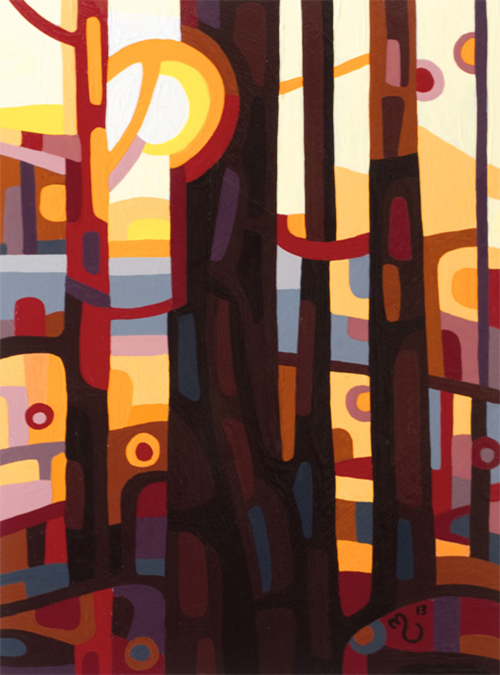original abstract landscape study of dawn in a red forest