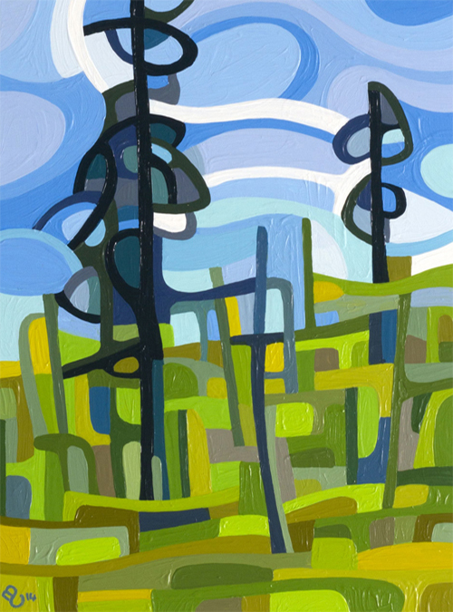 original abstract landscape study of a green pine forest morning