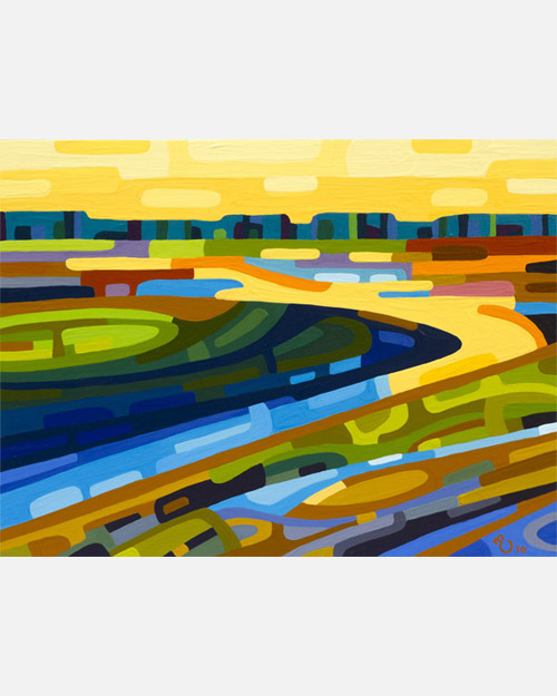 original abstract landscape study of yellow sunset wetlands