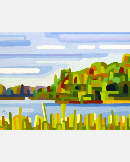 original abstract landscape study of a summer lake with blues and greens