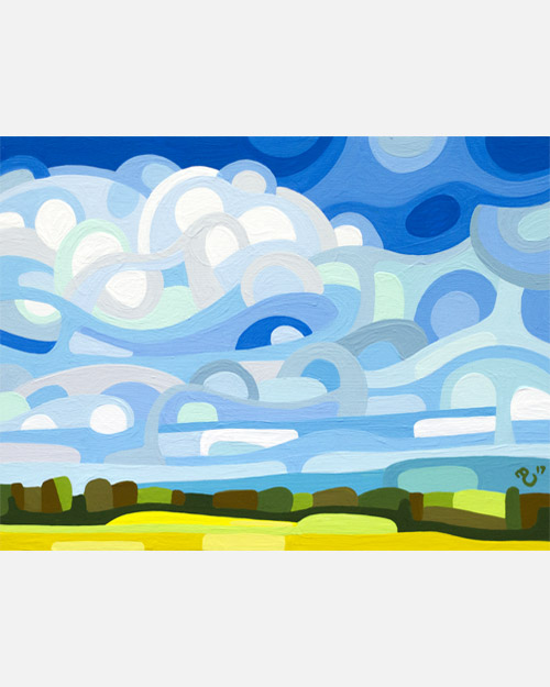 original abstract landscape study of a summer field full of blues and yellows and greens