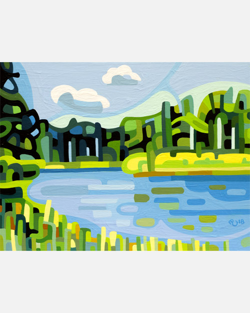 original abstract landscape study of summer wetlands with blue streams and green forests