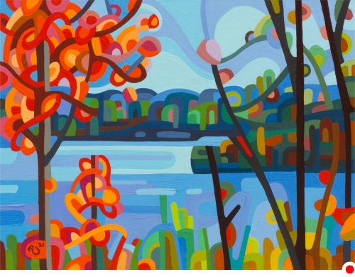 original abstract landscape fall trees overlooking blue lake