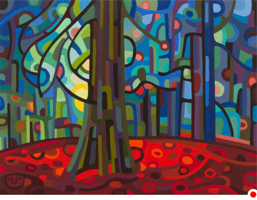 original abstract painting dark pine red forest floor title=